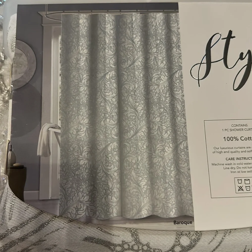 Styled by dainty 70” x 72” silver bardoue 100% cotton w metallic shower curtain